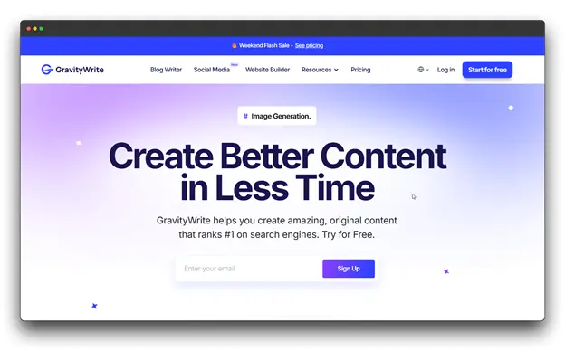 Alt text: Screenshot of "GravityWrite" website, an AI writing platform that helps users create amazing, original content that ranks #1 on search engines, functioning as a general Article Converter and content generation tool.
