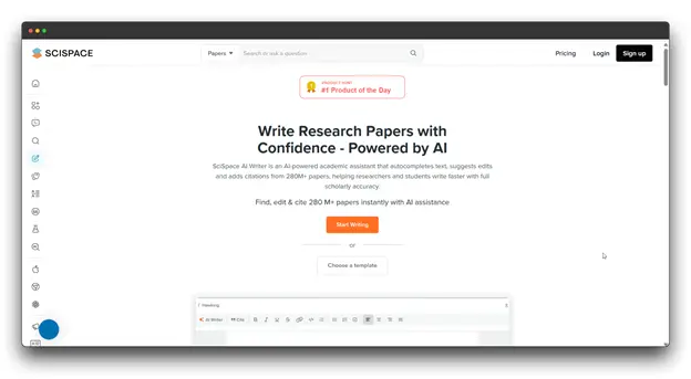 SciSpace landing page featuring its AI Research Paper Writer tool. It highlights how these Smart AI Tools can autocomplete text and add citations from a database of 280M+ papers to ensure scholarly accuracy in Academic Writing.  Al Research Paper Writer: Smart Al Tools: Research Paper Writer:  Academic Writing