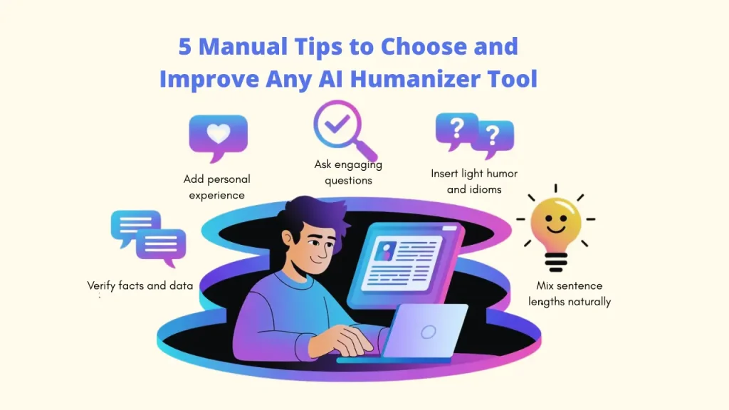  A list of 5 manual tips to improve output quality, such as adding humor and mixing sentence lengths.

Alt Text: > "A guide illustrating 5 manual tips to choose and improve any AI humanizer tools, including adding personal experience and mixing sentence lengths to refine AI content."  Best AI Humanizer Tools;  AI Humanizer Tools ; AI Content""