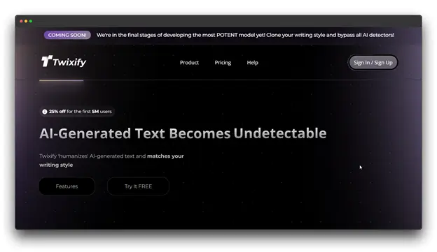> Twixify landing page showcasing their platform where AI-generated text becomes undetectable, positioning it among top AI humanizer tools. "Best AI Humanizer Tools;  AI Humanizer Tools ; AI Content""