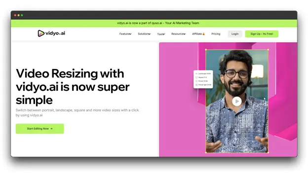 The vidyo.ai homepage highlighting its video resizing features for easy content repurposing across portrait, landscape, and square sizes with a single click. Content Repurposing Software;  Repurposing Software ; Content repurposing