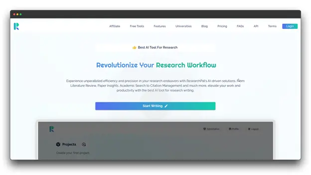 ResearchPal website showcasing a "Revolutionize Your Research Workflow" banner. As a comprehensive Research Paper Writer, it offers Smart AI Tools for literature reviews and citation management to elevate the quality of Academic Writing. Al Research Paper Writer: Smart Al Tools: Research Paper Writer:  Academic Writing