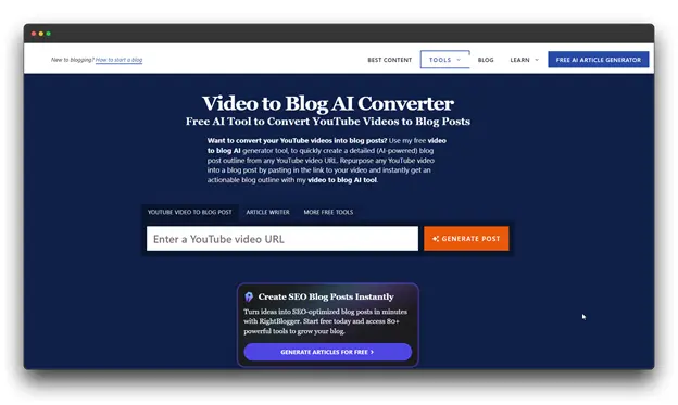 Alt text: Screenshot of "Video to Blog AI Converter" website, a free AI tool designed to convert YouTube videos into blog posts, functioning as a YouTube-to-Article Converter. Users can paste a YouTube video URL to generate a blog post outline, emphasizing its role as an Article Converter.