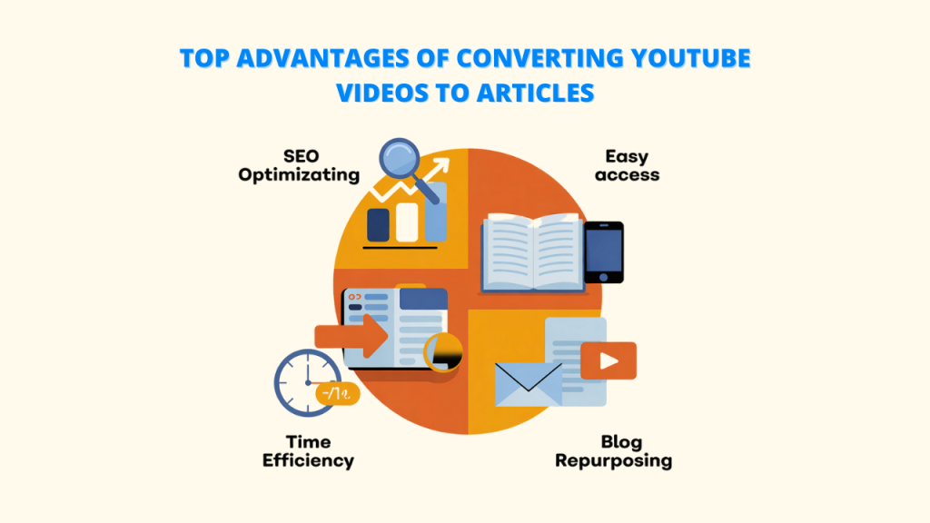 Alt text: Diagram illustrating the benefits of a YouTube-to-Article Converter: SEO optimizing, easy access, time efficiency, and blog repurposing, showcasing the effectiveness of an Article Converter.