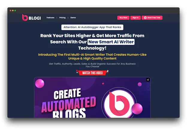 A screenshot of the Blogi homepage, an AI-powered Repurposing Software and smart writer technology designed to create automated blogs that rank higher in search results.  Content Repurposing Software;  Repurposing Software ; Content repurposing