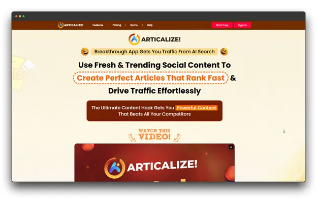 Alt text: Screenshot of "ARTICALIZE!" website, promoting itself as a breakthrough app that uses social content to "Create Perfect Articles That Rank Fast & Drive Traffic Effortlessly," emphasizing its function as an Article Converter and content generation tool.