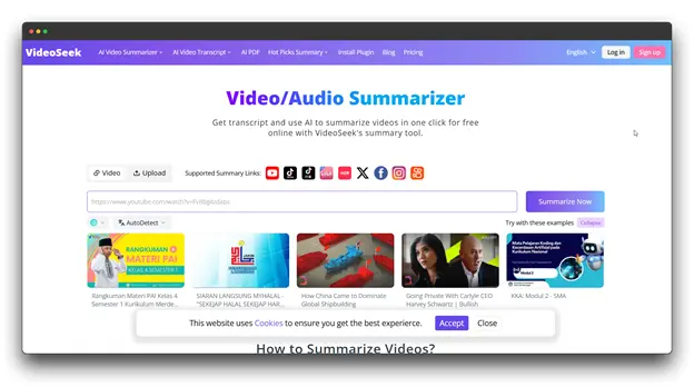 Alt text: Screenshot of "VideoSeek" website, an AI Video/Audio Summarizer that can generate transcripts and summarize videos, effectively acting as an Article Converter for video content, supporting various platforms including YouTube.