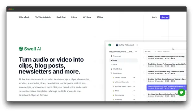 Alt text: Screenshot of "Swell AI" website, promoting its ability to turn audio or video into clips, blog posts, newsletters, and more, serving as a versatile Article Converter with features like transcription and content generation for various uses.