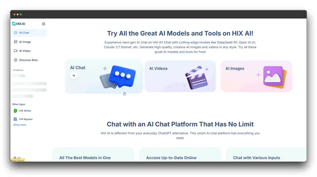 Alt text: Screenshot of "HIX AI" website, featuring various AI models and tools, including AI Chat, AI Videos, and AI Images. While broad, its AI capabilities can support the content creation process often associated with an Article Converter.