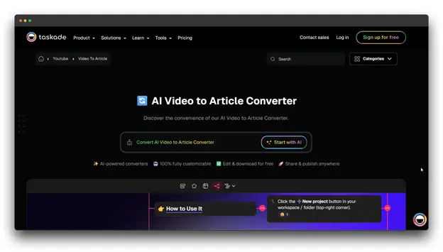 Alt text: Screenshot of "Taskade" website, showcasing its "AI Video to Article Converter" feature. The dark interface highlights the ease of converting video content into articles, functioning as a powerful YouTube-to-Article Converter.