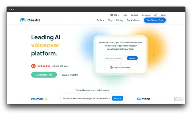 Alt text: Screenshot of "Maestra" website, a leading AI voiceover platform capable of generating transcripts, subtitles, and voiceovers. While not directly an Article Converter, its transcription feature is a crucial first step for converting audio/video to text for an Article Converter.