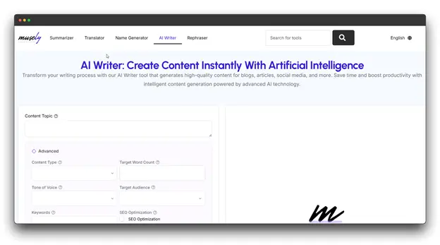 Alt text: Screenshot of "Muskey AI Writer" website, an AI content generation tool that helps create high-quality content for blogs, articles, and social media, serving as an advanced Article Converter for text-based content with SEO optimization options.
