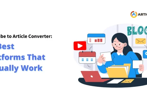 Alt text: Promotional image for a "YouTube to Article Converter: 10 Best Platforms That Actually Work," showing a person working on a laptop with blog-related icons, emphasizing the utility of an Article Converter.