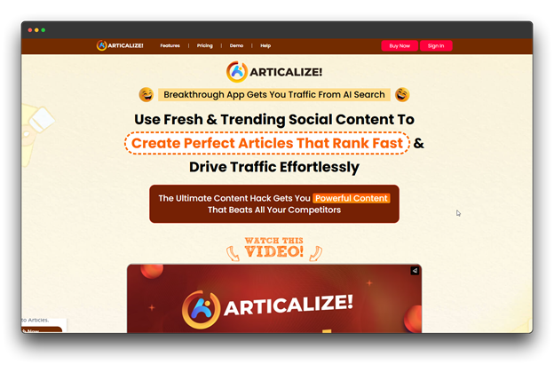A screenshot of the Articalize homepage, a Content Repurposing Software that uses fresh and trending social content to create articles that rank fast and drive traffic. Content Repurposing Software; Repurposing Software ; Content repurposing