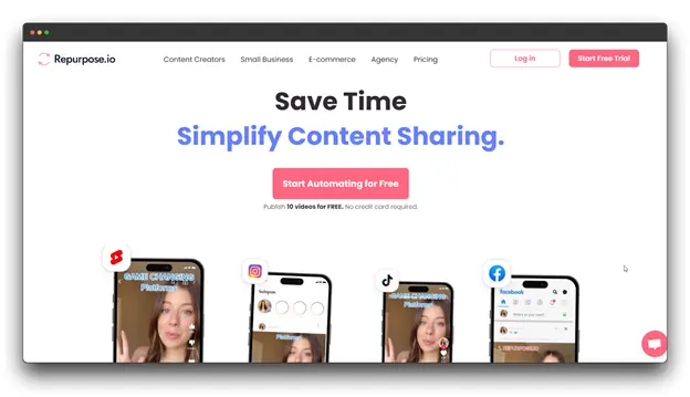 The homepage of Repurpose.io, a tool for content repurposing that helps creators save time by simplifying and automating content sharing across multiple social platforms. Content Repurposing Software; Repurposing Software ; Content repurposing