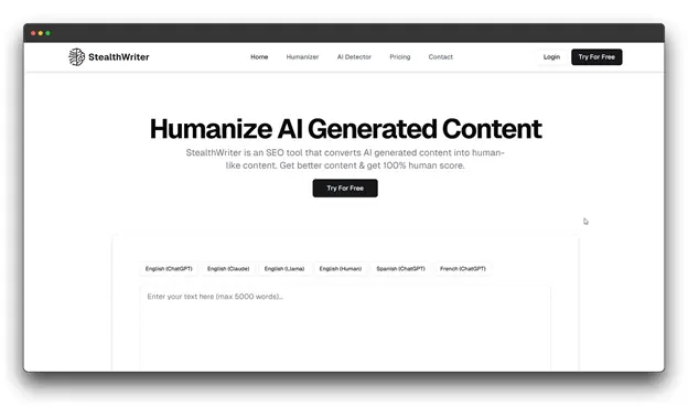 The StealthWriter SEO tool interface for humanizing AI content to achieve high human scores, featured as one of the Best AI Humanizer Tools. "Best AI Humanizer Tools; AI Humanizer Tools ; AI Content""
