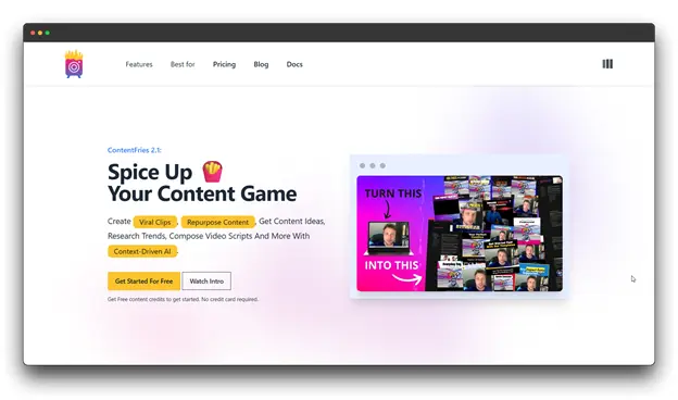 The ContentFries 2.1 homepage, featuring Content Repurposing Software capabilities to create viral clips and repurpose video content using context-driven AI. Content Repurposing Software; Repurposing Software ; Content repurposing