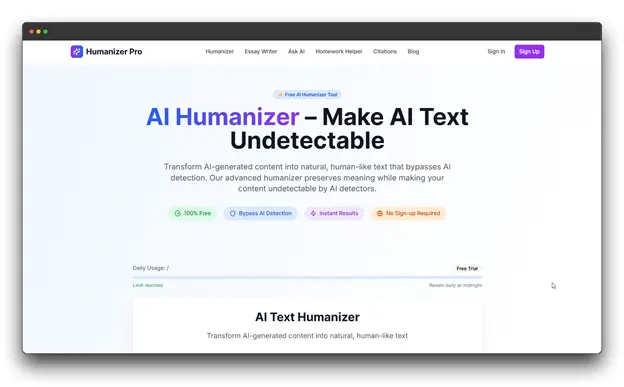 Landing page for Humanizer Pro, showcasing how to use AI humanizer tools to transform AI content into natural, human-like, and undetectable text. "Best AI Humanizer Tools; AI Humanizer Tools ; AI Content""
