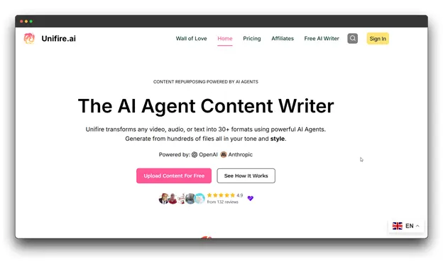 A screenshot of the Unifire.ai homepage, showcasing a Repurposing Software powered by AI agents that transforms video, audio, or text into over 30 different content formats. Content Repurposing Software; Repurposing Software ; Content repurposing