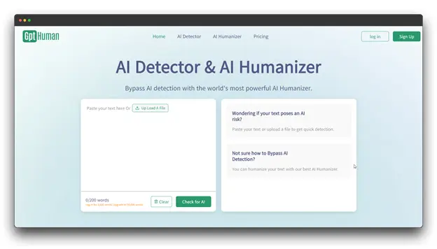 Screenshot of the GptHuman tool, an AI humanizer tool designed to bypass AI detection by transforming standard AI content into human-like text. "Best AI Humanizer Tools; AI Humanizer Tools ; AI Content""