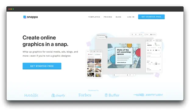 A screenshot of the Snappa homepage, an online graphic design tool and Content Repurposing Software used to quickly whip up graphics for social media, ads, and blogs. Content Repurposing Software; Repurposing Software ; Content repurposing