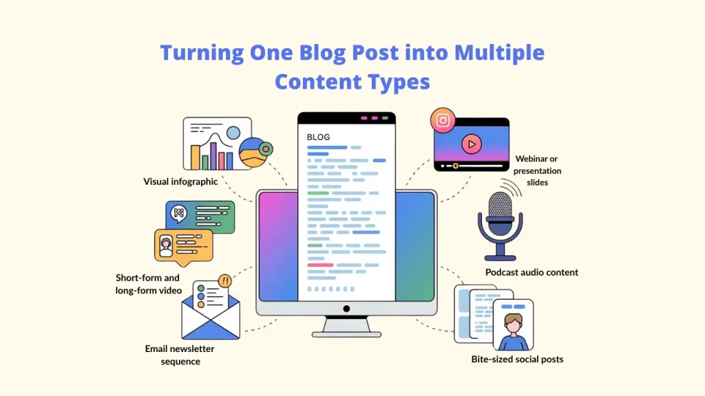 An infographic titled "Turning One Blog Post into Multiple Content Types" demonstrating the power of content repurposing. A central blog post is shown being transformed into various formats including visual infographics, webinar slides, podcast audio, bite-sized social posts, email newsletters, and short-form videos using Repurposing Software. Content Repurposing Software; Repurposing Software ; Content repurposing