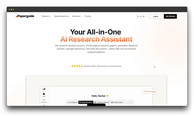 Interface of Paperguide, an all-in-one Research Paper Writer and assistant. It demonstrates how Smart AI Tools can streamline literature reviews, manage references, and write documents with research-backed answers for superior Academic Writing. Al Research Paper Writer: Smart Al Tools: Research Paper Writer: Academic Writing
