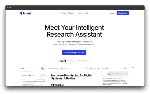 The Jenni AI workspace, a popular AI Research Paper Writer loved by over 5 million academics. The screen shows Smart AI Tools in action, providing an intelligent research assistant to help read, write, and organize Academic Writing with ease. Al Research Paper Writer: Smart Al Tools: Research Paper Writer: Academic Writing