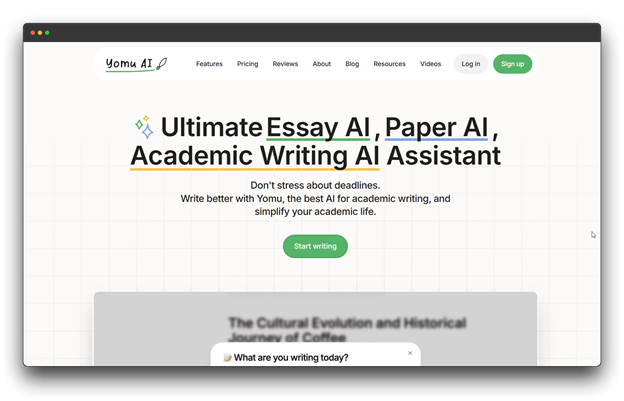 Yomu AI website header promoting the "Ultimate Essay AI, Paper AI, and Academic Writing AI Assistant." It positions itself as a top-tier AI Research Paper Writer that uses Smart AI Tools to simplify academic life and beat deadlines. Al Research Paper Writer: Smart Al Tools: Research Paper Writer: Academic Writing