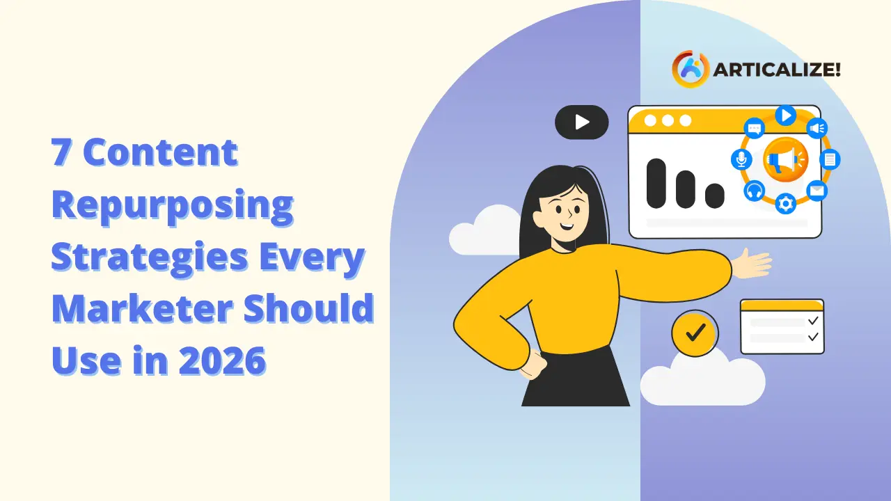 An Articalize! branded graphic featuring a female marketer highlighting 7 Content Repurposing Strategies every marketer should use in 2026, showcasing multi-channel Content Repurposing icons like video, audio, and social media. Content Repurposing Strategies: Content Repurposing: Repurposing Strategies